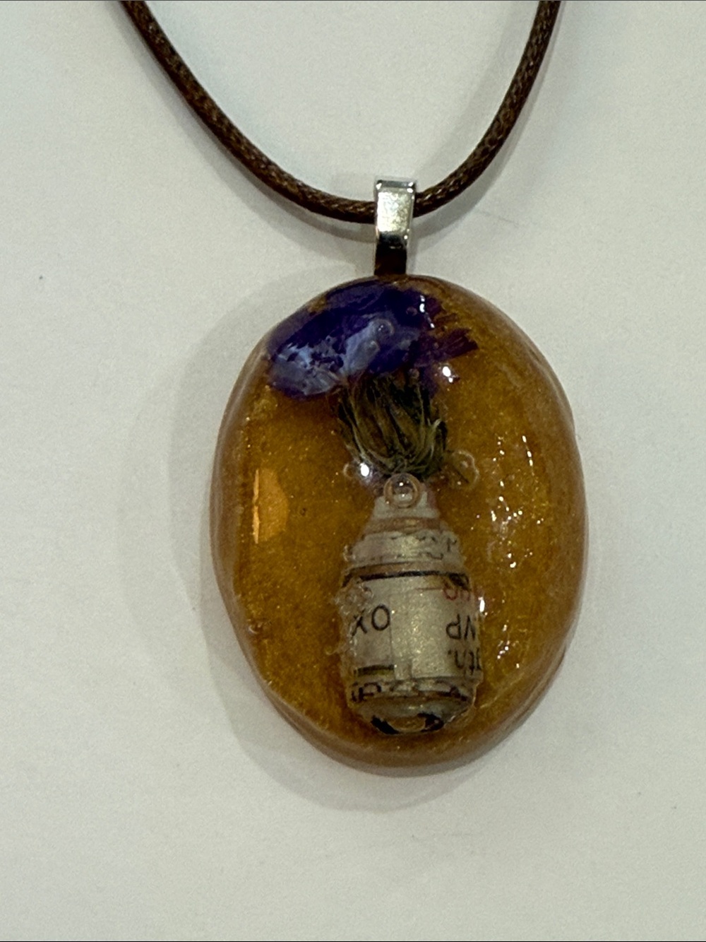 Amber Resin Pendant Necklace with Purple Accent